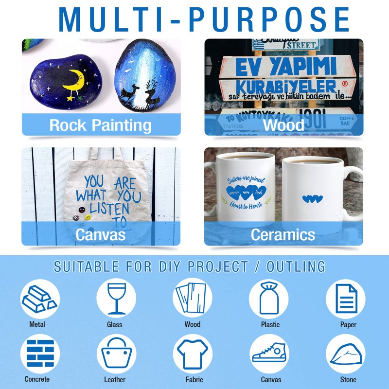 DAPAWIN Blue Paint Pen Permanent Paint Markers - 8 Oil Based Pens, Medium Tip, Quick Drying and Waterproof Marker Pens for Metal, Rock Painting, Wood, Fabric, Plastic,Canvas,Mugs Blue Markers Permanent - Image 3